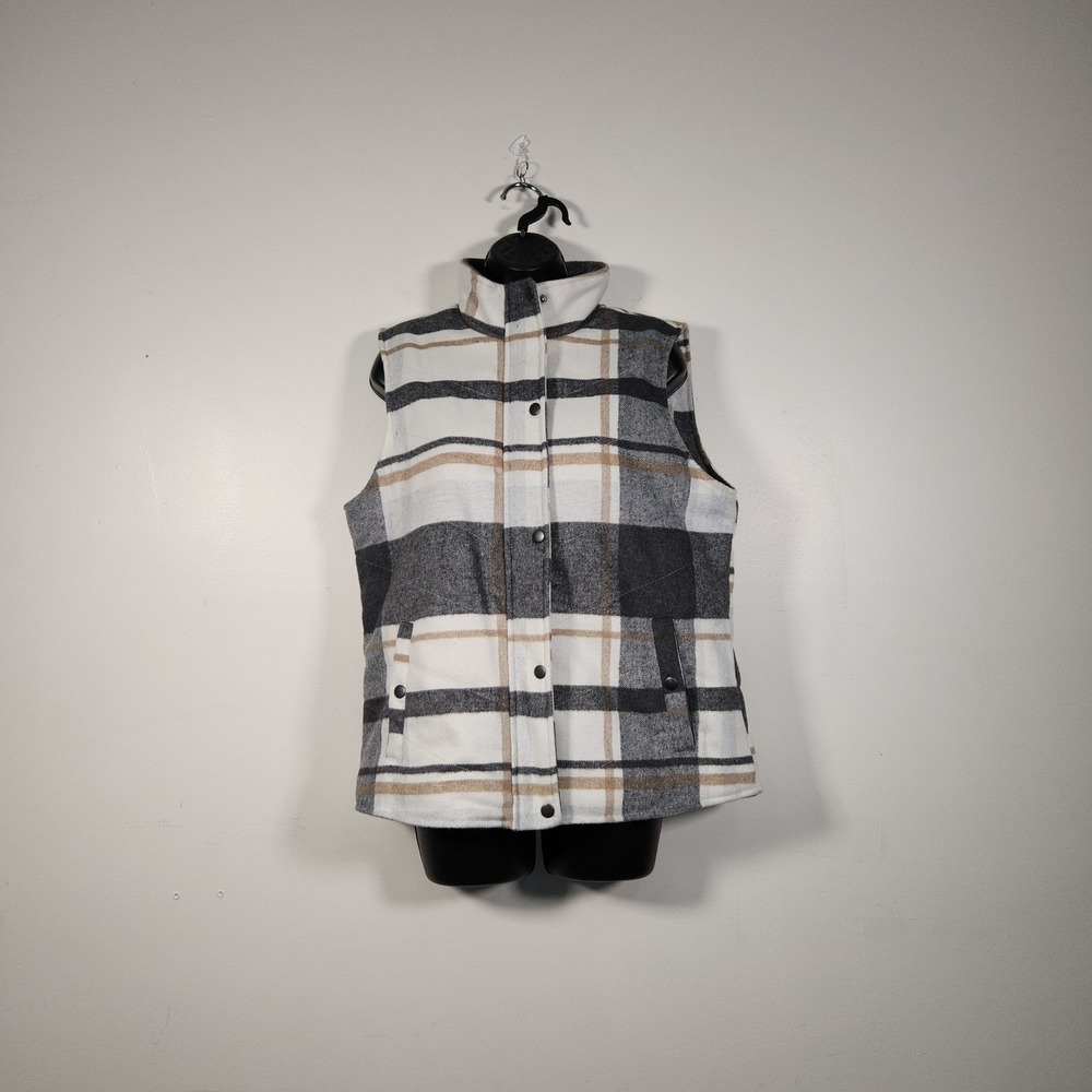 THREAD & SUPPLY Plaid Sherpa Lined Vest Women Medium Brown Cream JKX8505 Winter